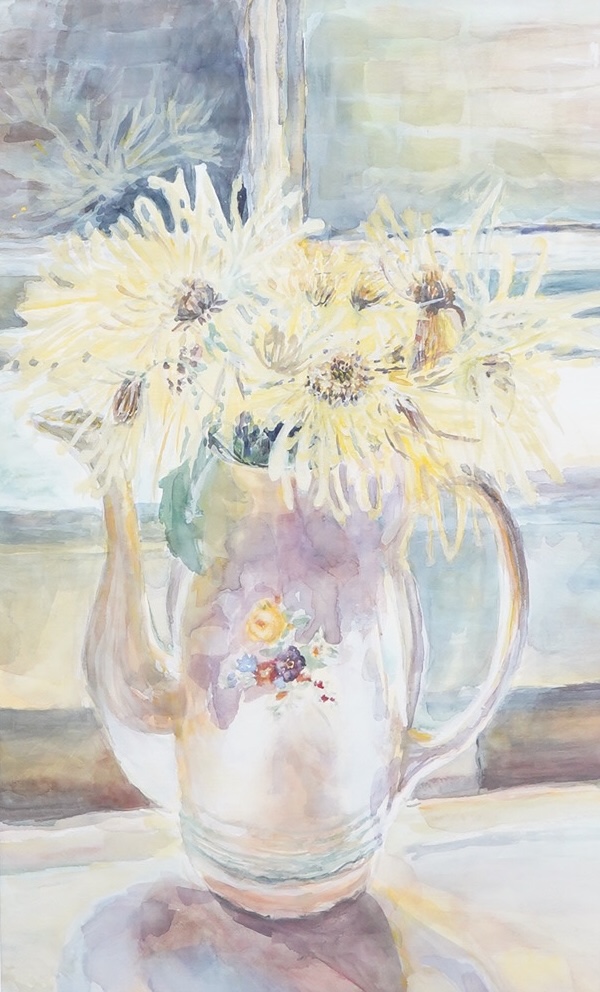 Kate Douglas (contemporary), Still life of Sunflowers in a jug, signed verso, watercolour, 66 x 40cm